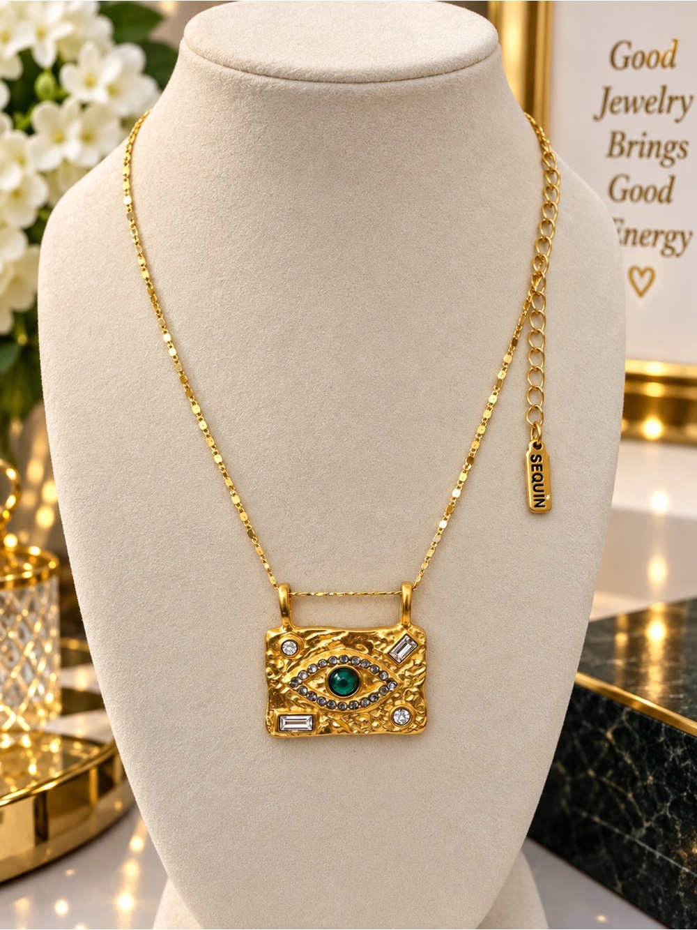 22 k Gold-Plated Eye Pendant Necklace with Green Gem